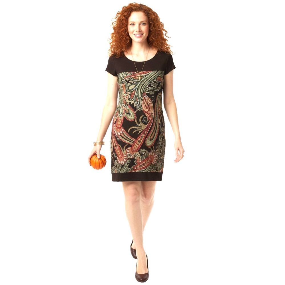 Sandra Darren Paisley Shift Dress 10 Brown Green Red Cap Sleeve Autumn Fall EUC
